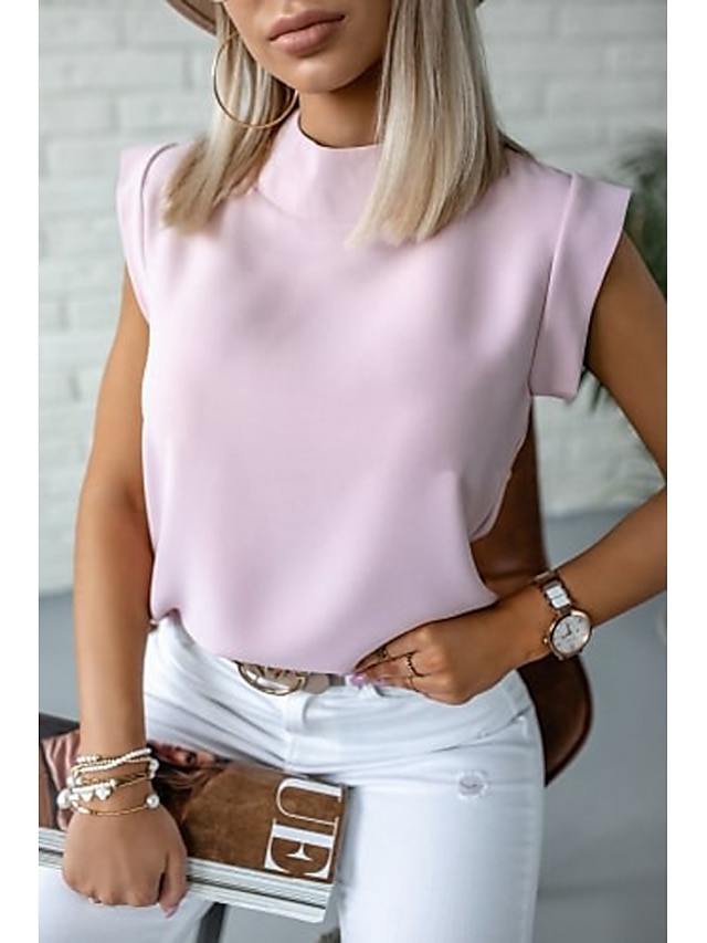 Women's Solid Colored Daily Work Short Sleeve Blouse Shirt Standing Collar Patchwork Business Basic Essential Tops White Black Pink S