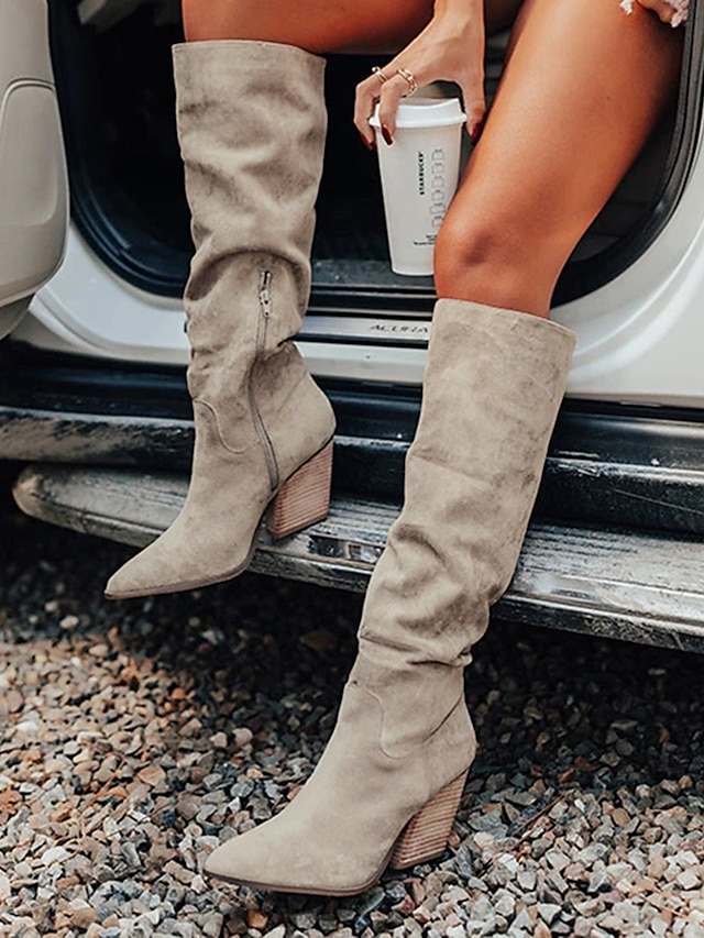  Women's Boots Slouchy Boots Heel Boots Daily Solid Colored Knee High Boots Winter Buckle Chunky Heel Pointed Toe Vintage Casual British Walking Faux Leather Zipper Black Red Light Grey