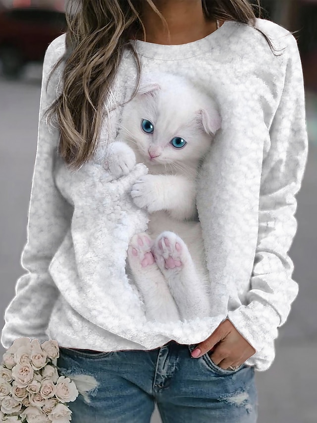  Damen Sweatshirt Pullover Zur Seite fahren Katze Strasse Casual Weiß Sport Basic Rundhalsausschnitt Langarm Oberteil Mikro-elastisch Herbst Winter