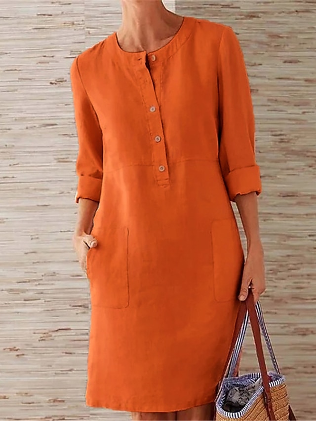  vestido casual de mujer vestido de lino de algodón vestido de cambio vestido hasta la rodilla gris caqui naranja gris oscuro manga larga color puro botón de bolsillo primavera verano otoño cuello