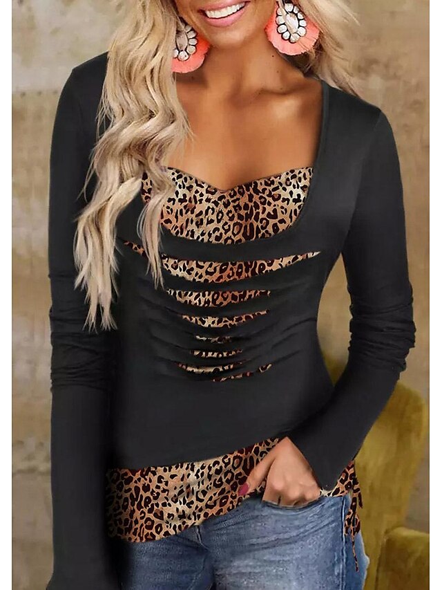  Dame Skjorte Bluse Vin Rød Brun Trykt mønster Leopard Ternet Afslappet Langærmet Firkantet hals Basale Normal S