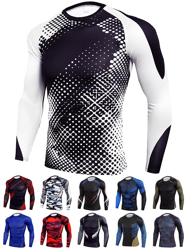  Men's Compression Shirt Running Shirt Base Layer Long Sleeve Winter Athletic Breathable Moisture Wicking Soft Spandex Fitness Gym Workout Running Sportswear Activewear Optical Illusion Green Black