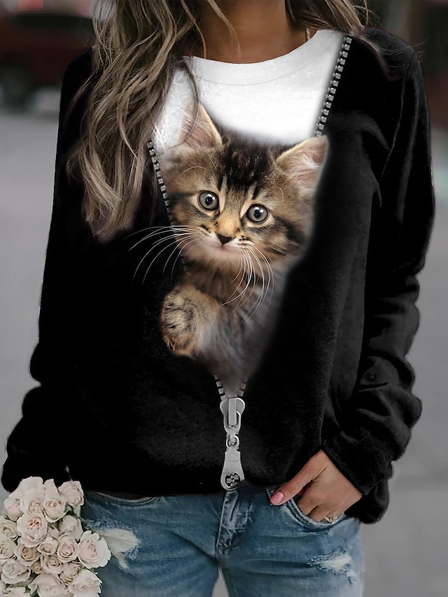  Black Cat Round Neck Women's Plus Size Sweatshirt