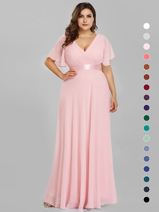  A-Line Empire Fall Wedding Guest Dress Red Green Dress Plus Size Formal Evening Dress V Neck Short Sleeve Floor Length Chiffon with Pleats Ruched 2024