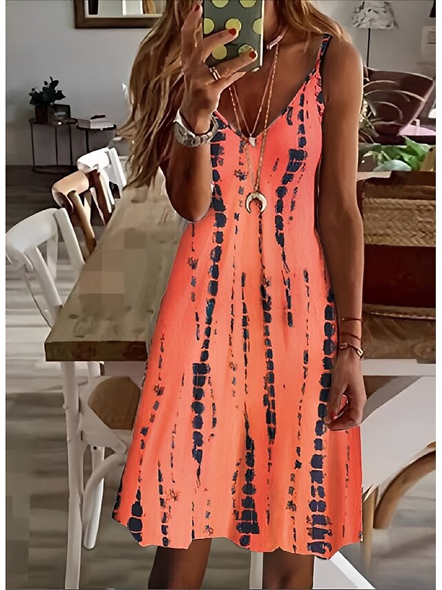  Women's Mini Dress Casual Dress Sundress Strap Dress Orange Abstract Sleeveless Summer Spring Print Party V Neck Vacation Summer Dress 2023 S M L XL XXL 3XL