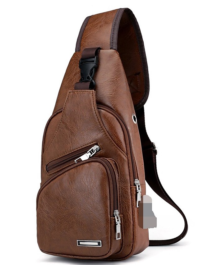  Men's Sling Shoulder Bag Chest Bag PU Leather Outdoor Daily Zipper Waterproof Solid Color Dark Brown Black Brown