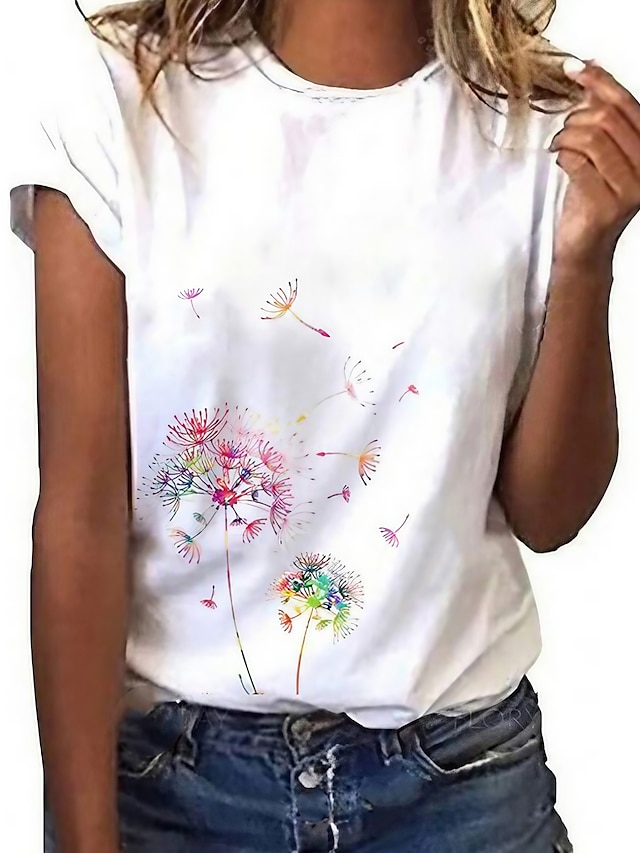  Dame T-shirt Grafisk Mælkebøtte Hvid Trykt mønster Kortærmet I-byen-tøj Weekend Basale Rund hals Regulær