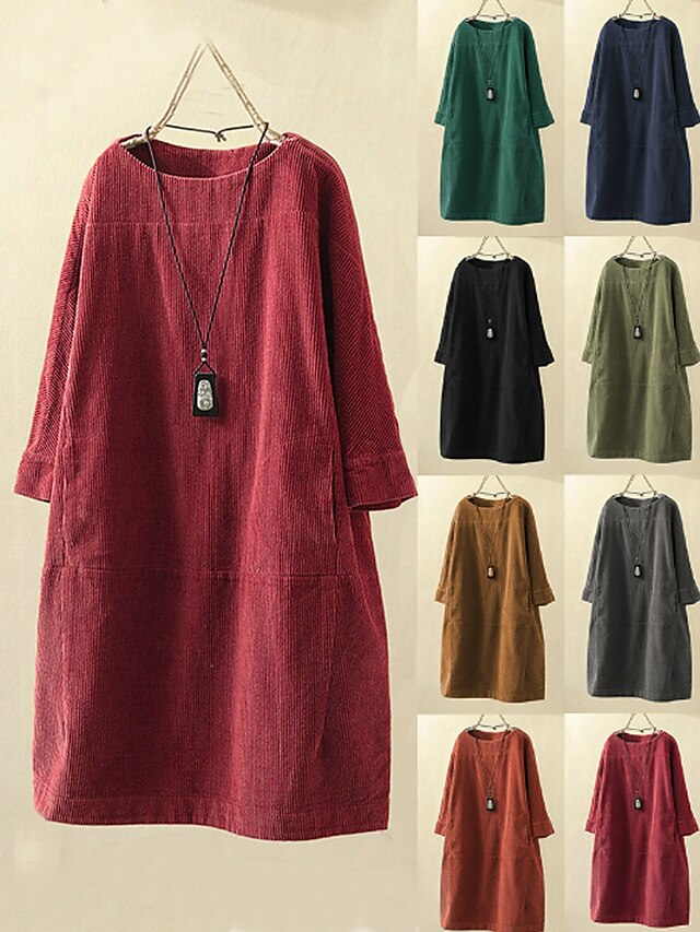  Women's Plus Size Solid Color Shift Dress Round Neck Half Sleeve Basic Fall Winter Causal Knee Length Dress Dress / Loose