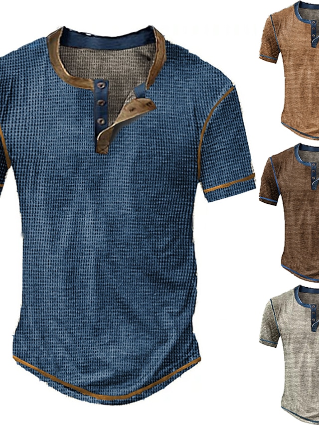  Men's Comfortable Plaid Checkered Waffle Henley Tee