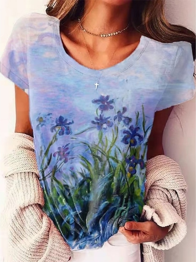 Dame T skjorte Blå Lilla Grønn Trykt mønster Blomstret Ferie Helg Kortermet Rund hals Grunnleggende Normal Blomster Tema Maling S