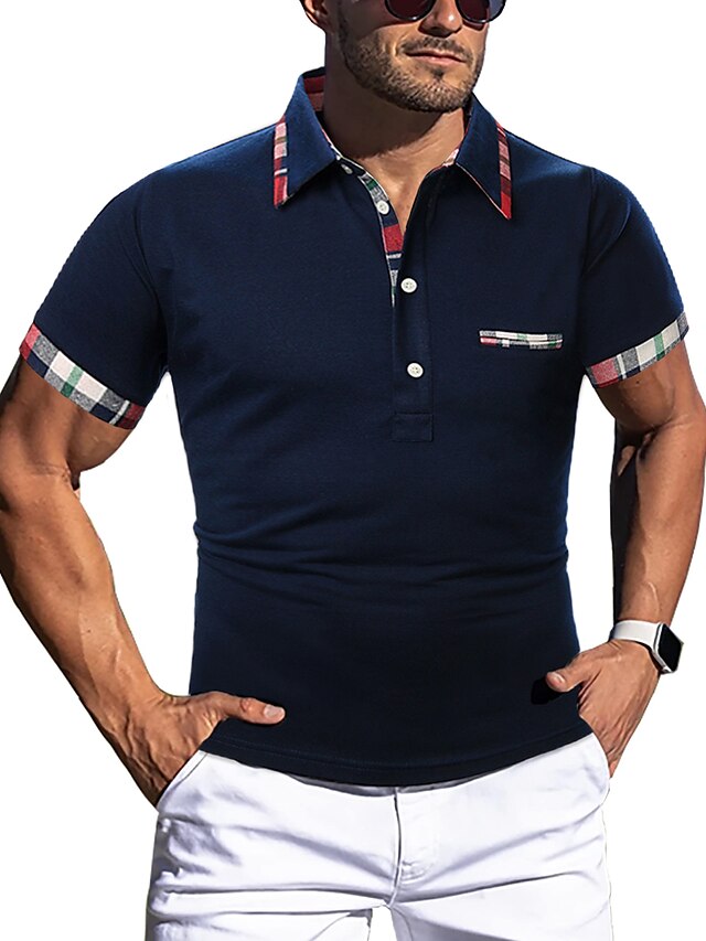  Men's Collar Polo Shirt Golf Shirt Tennis Shirt Button Down Collar Solid Colored Navy Blue Short Sleeve Patchwork Daily Going out Tops Polyester Basic Casual / Summer / Machine wash / Micro-elastic