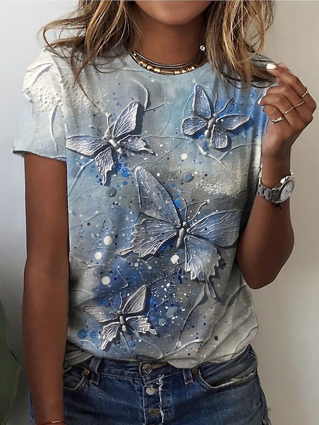  Femme T shirt Tee Papillon Casual Fin de semaine Jaune Rouge Bleu Imprimer Manche Courte basique Col Rond Standard