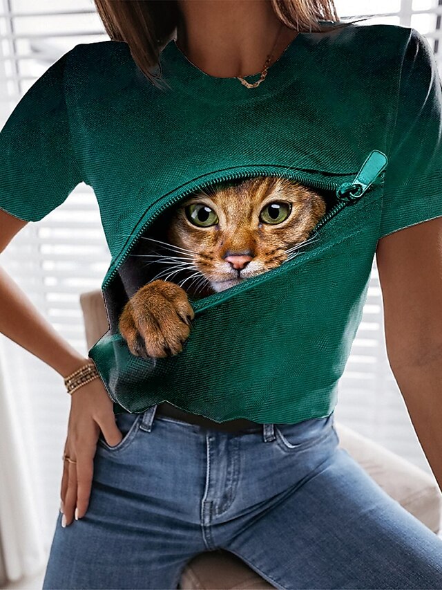  Damen T Shirt Katze 3D Casual Wochenende Rote Marineblau Blau Bedruckt Kurzarm Basic Rundhalsausschnitt Regular Fit