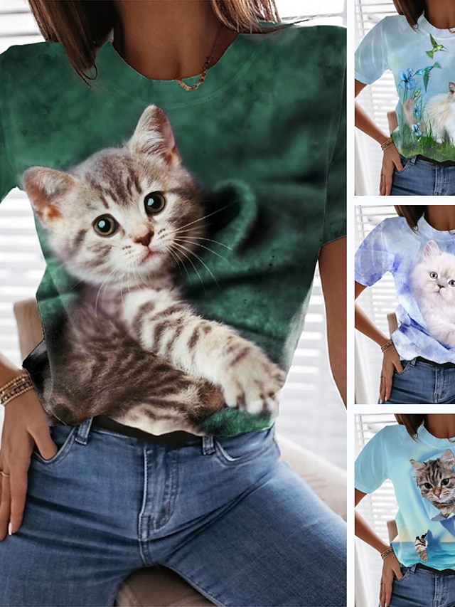  Women's T shirt Tee Pink Blue Green Print Cat 3D Casual Weekend Short Sleeve Round Neck Basic Regular 3D Cat Painting S