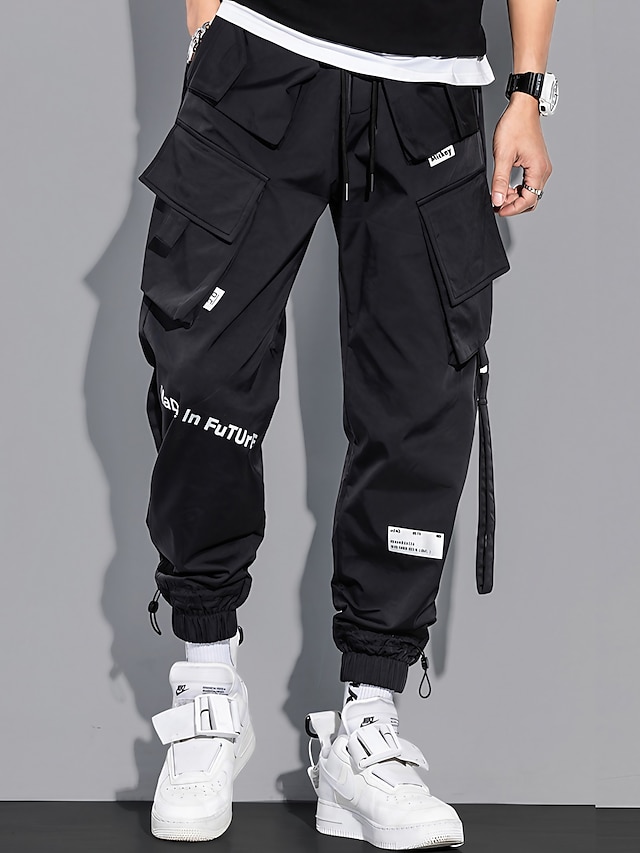  Men's Fashion Streetwear Multiple Pockets Elastic Drawstring Design Jogger Tactical Cargo Trousers Pants Casual Daily Solid Color Mid Waist Breathable Soft Blue Black M L XL XXL