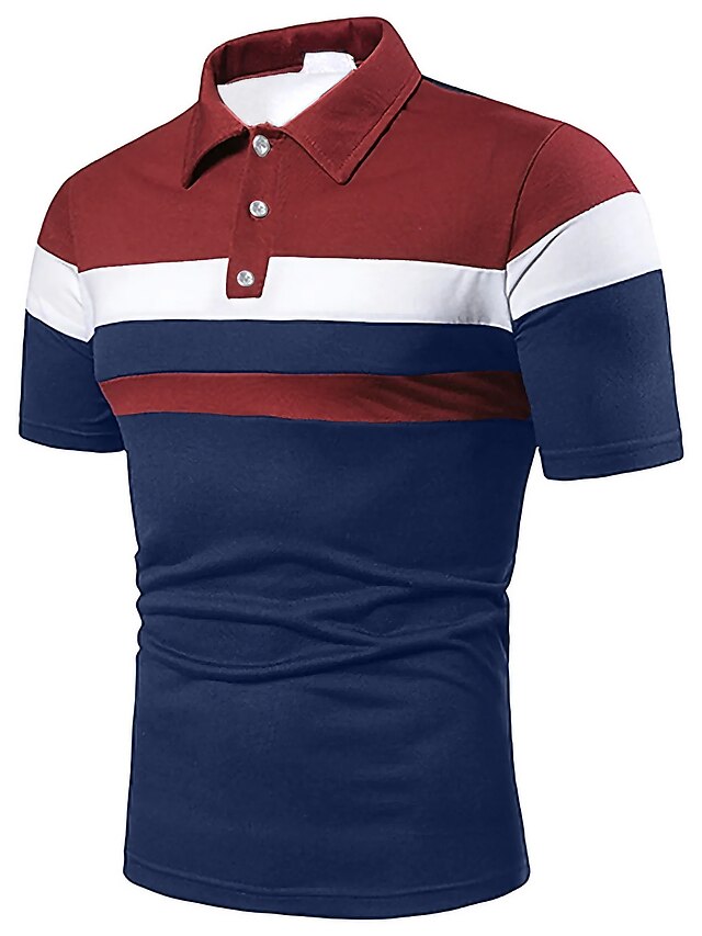  Men's Golf Shirt Tennis Shirt Rainbow Collar Daily golf shirts Short Sleeve Patchwork Regular Fit Tops Cotton Business Light gray Red Navy Blue
