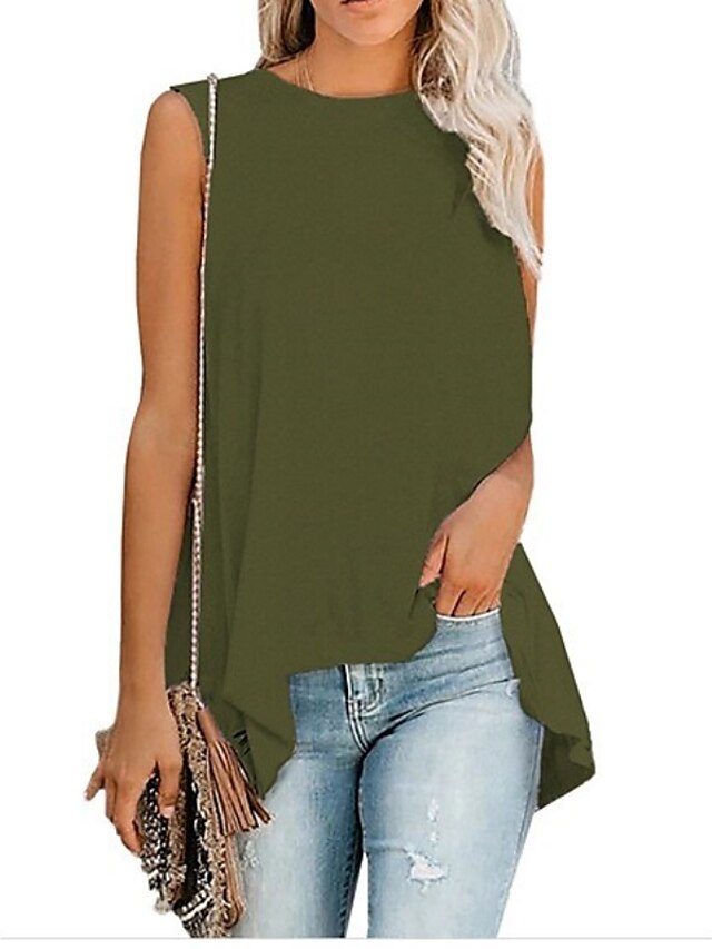  Women's Tank Top T shirt Tee Vest Tunic Wine ArmyGreen Classic Style Casual Daily Round Neck Basic Long S / Summer