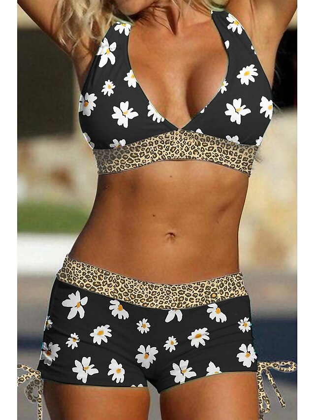  Roupa de banho feminina biquíni normal maiô 2 peças impressão leopardo preto fatos de banho esportes beach wear verão
