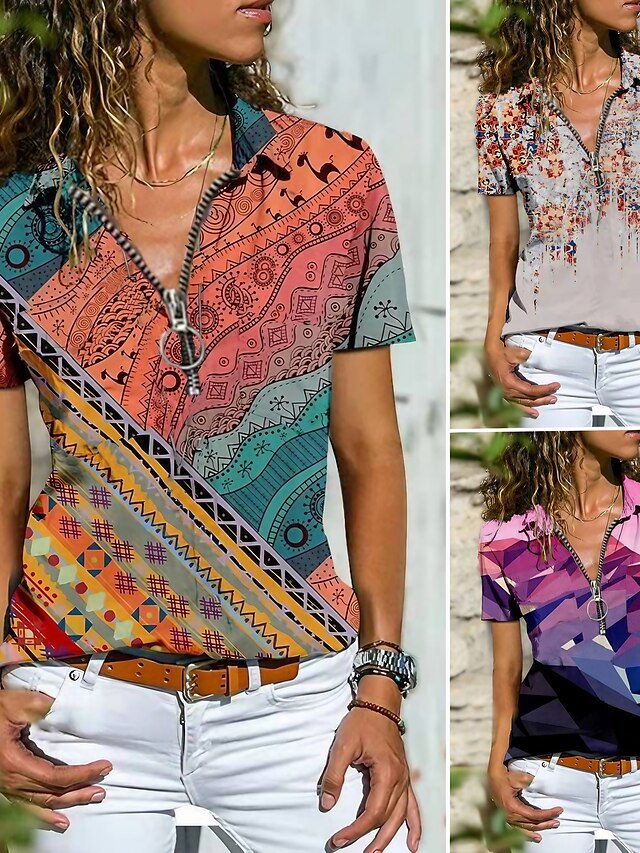  kvinders bluse t-shirt lynlås print flerfarvet tropisk skjorte krave t-shirt ærmer almindeligt forår&  efterårsmønster 5 mønster 7 mønster 8