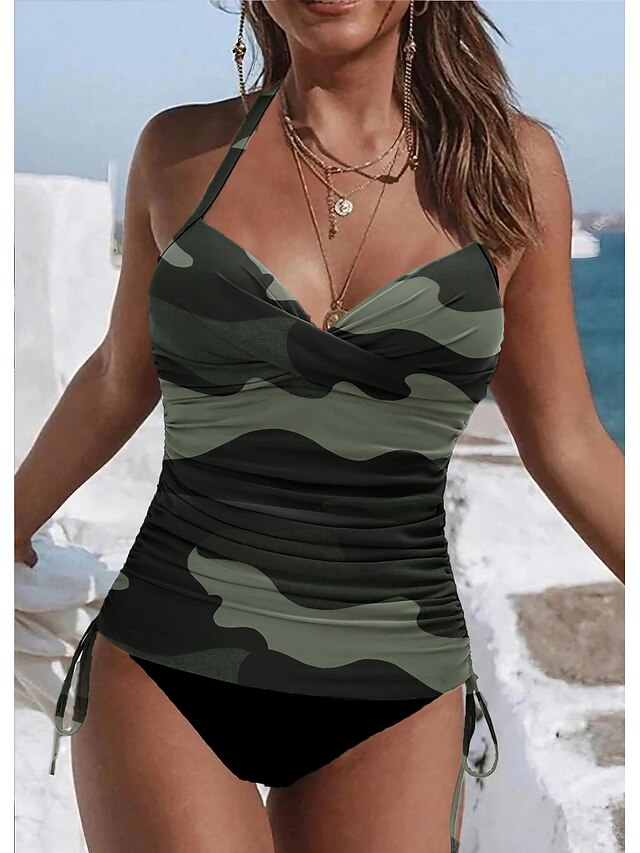  Roupa de banho feminina tankini 2 peças maiô normal 2 peças impressão camuflagem verde regata fatos de banho esportes beach wear verão