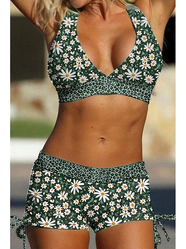  costume da bagno bikini da donna costume da bagno normale halter 2 pezzi stampa leopardo verde costumi da bagno sport abbigliamento da spiaggia estivo