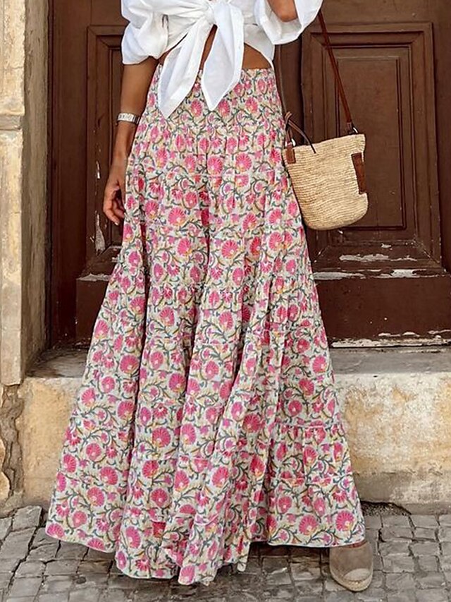  Dame Gynge Langt skørt Bøhmen Maxi Nederdele Trykt mønster Blomstret Gade Ferierejse Forår sommer Polyester Mode kystnære bedstemor-stil Boheme Lyserød Rose