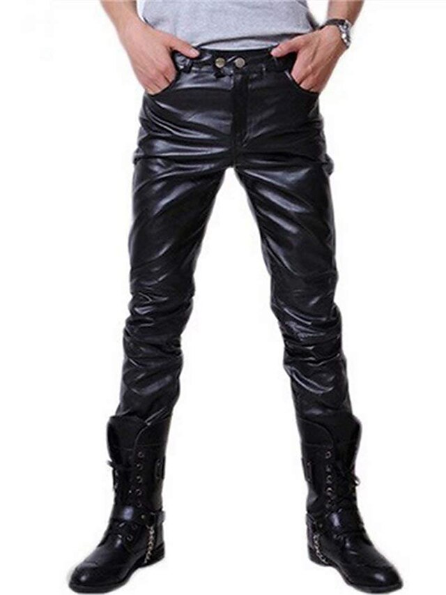  Men's Basic Streetwear Chinos Full Length Pants Micro-elastic Party Going out PU Solid Colored Mid Waist Black Silver Gold M L XL XXL 3XL / Club / Punk & Gothic / Weekend