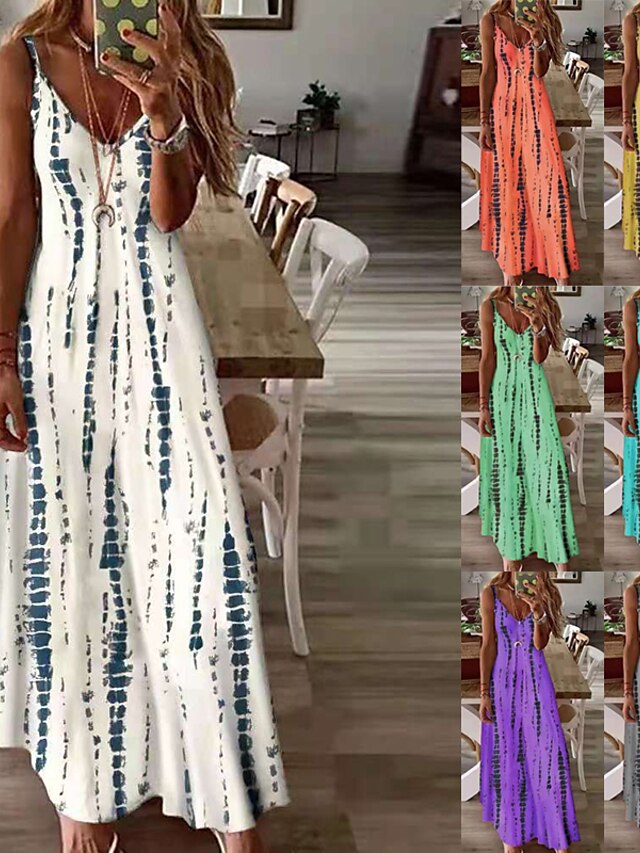 Damen A Linie Kleid skims dress Bedruckt Spaghetti-Träger Maxikleid Täglich Ärmellos Sommer Frühling