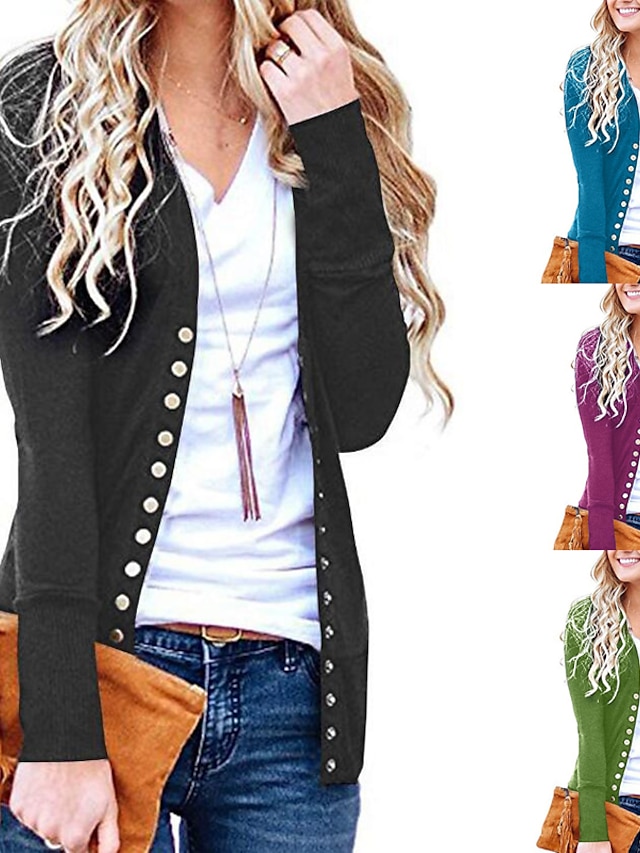  Women's Cardigan Solid Color Knitted Button Stylish Basic Casual Long Sleeve Regular Fit Sweater Cardigans Fall Spring Open Front Blue Purple Pink / Going out