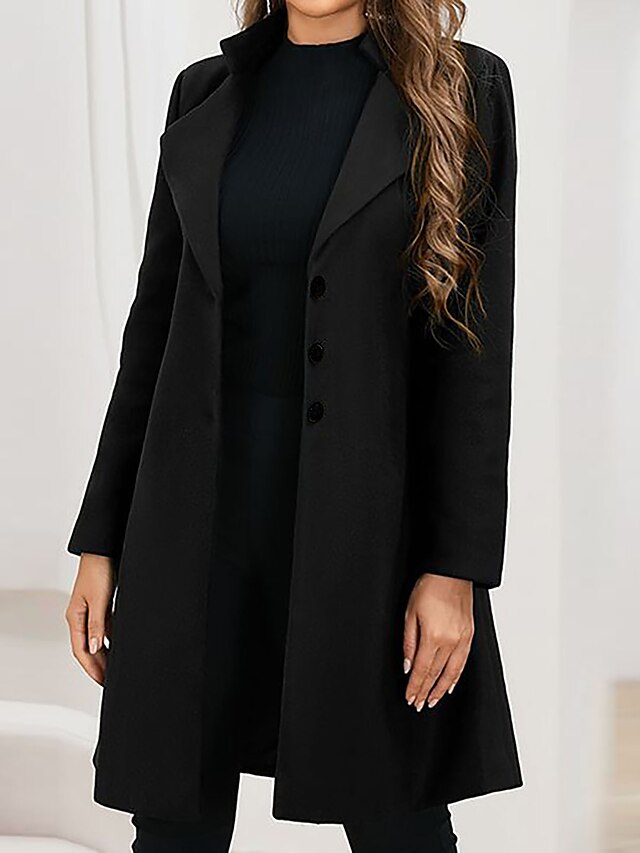  Women's Wool Blend Coat Winter Singel Breasted Lapel Long Pea Coat Fall Over Coat Formal Office Windproof Warm Simple Elegant & Luxurious Basic Jacket Long Sleeve Black
