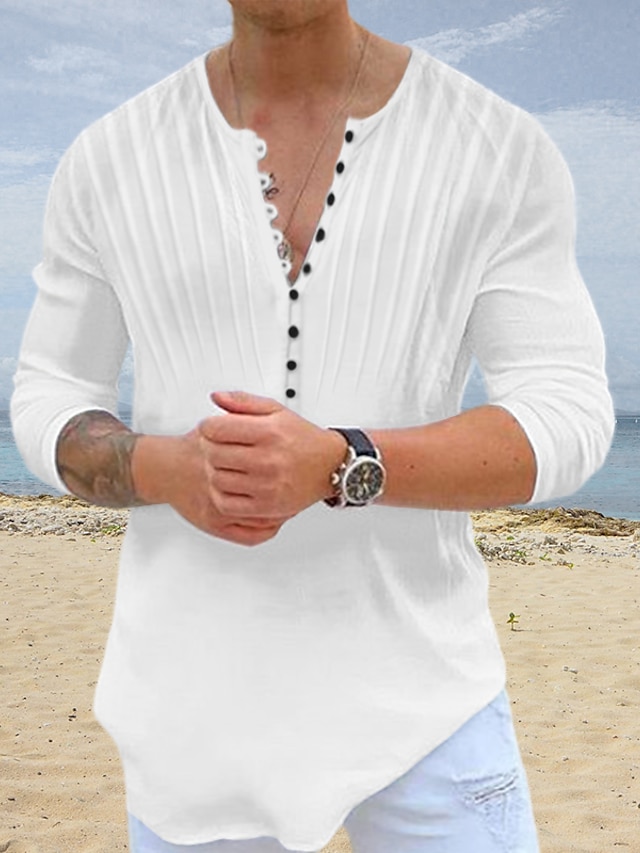  Herre Skjorte Popover skjorte Sommer skjorte Strand Tøj Casual skjorte Sort Hvid Blå Langærmet Vanlig Rund hals Gade Daglig Tøj Mode Afslappet Bekvem