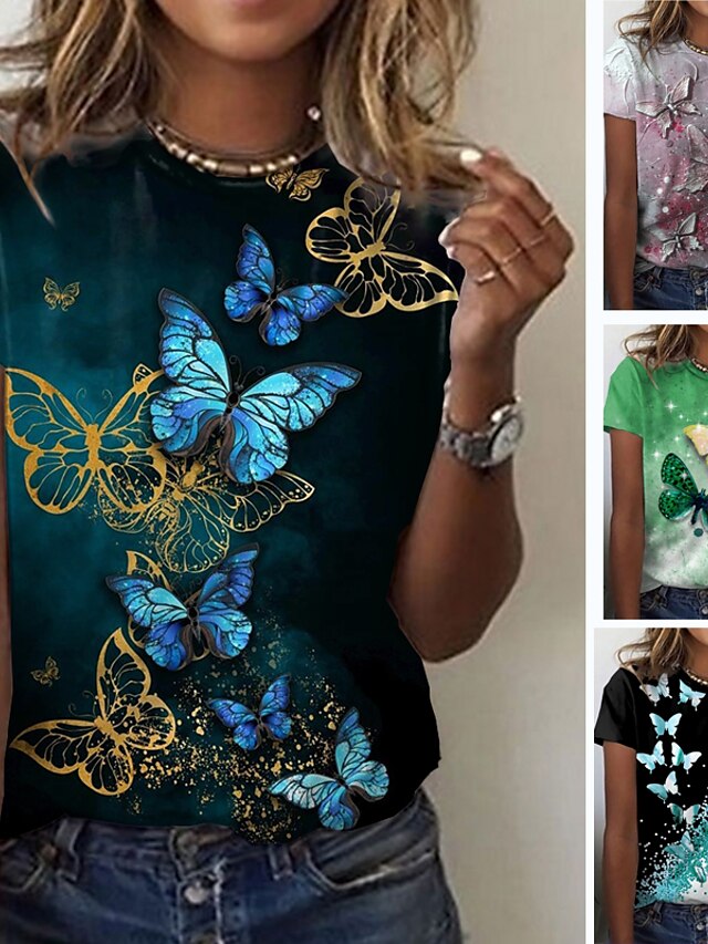  Per donna maglietta Farfalla Informale Fine settimana Verde primavera Nero Giallo Stampa Manica corta Essenziale Rotonda Standard