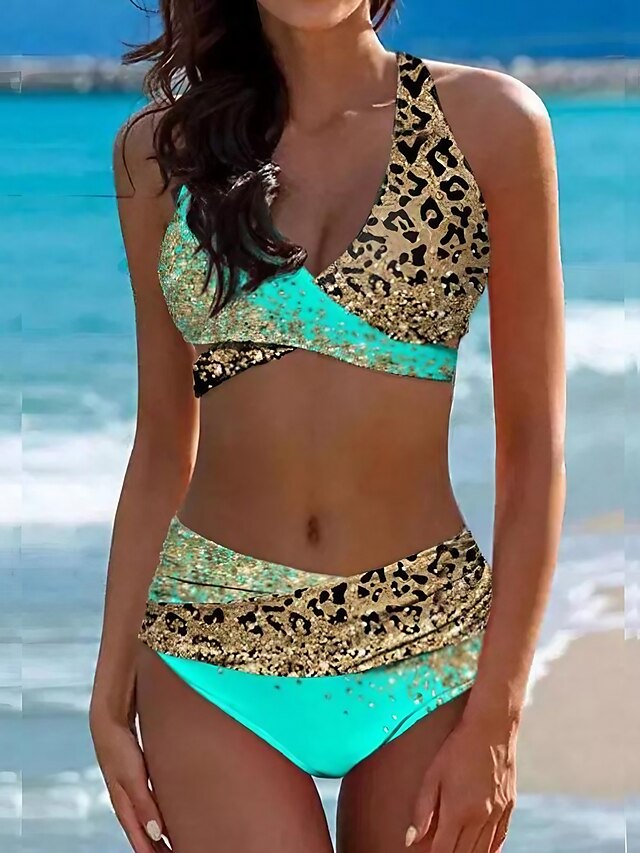  Damen Badeanzug Bikinis Normal Bademode Halfter 2 teilig Print Leopard Urlaub Push-Up Hosen Badeanzüge