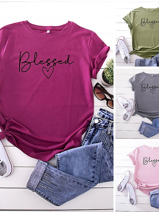  Women's T shirt Tee Burgundy Tee 100% Cotton Graphic Letter White Yellow Light Green Print Short Sleeve Daily Weekend Basic Round Neck Blessed Regular Fit