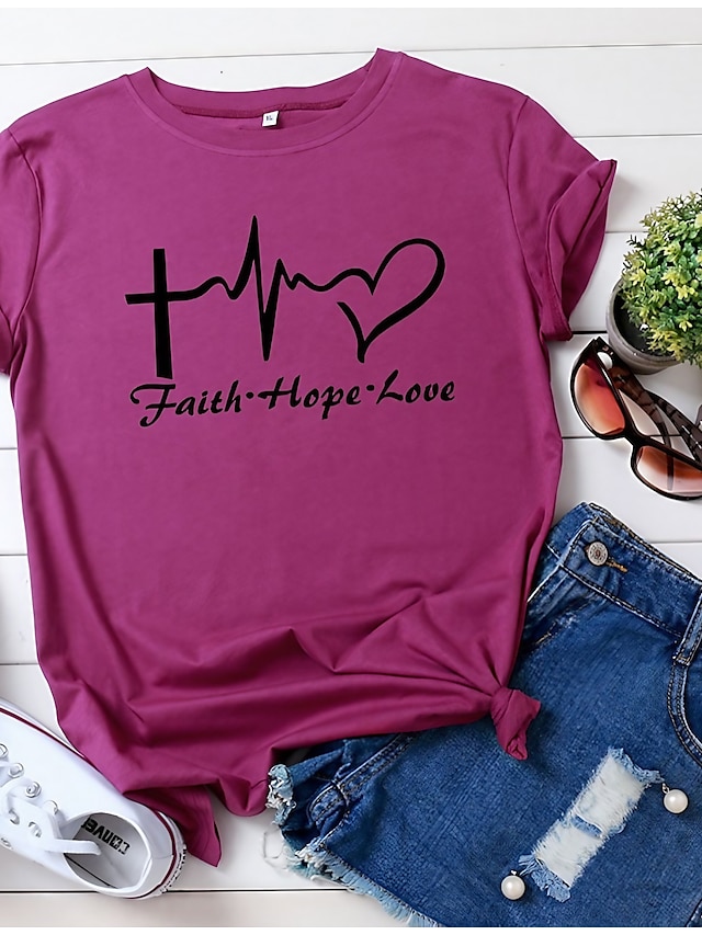  Women's Plus Size T shirt Tee Burgundy Tee 100% Cotton Heart Graphic Letter Casual Daily Weekend Black White Yellow Print Short Sleeve Basic Round Neck Faith Hope Love Regular Fit