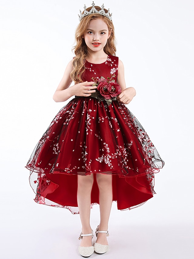  Kids Little Dress Girls' Floral Embroidered Party Wedding Performance Green Red Cotton Sleeveless Party Dresses 3-13 Years