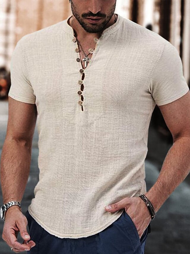  Men's Linen Popover Shirt Casual V Neck