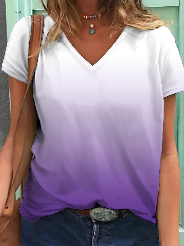  Damen T Shirt Hellrosa Weiß + Lila Grün + Blau Bedruckt Graphic Farbverläufe Casual Täglich Kurzarm V Ausschnitt Basic Regular Fit