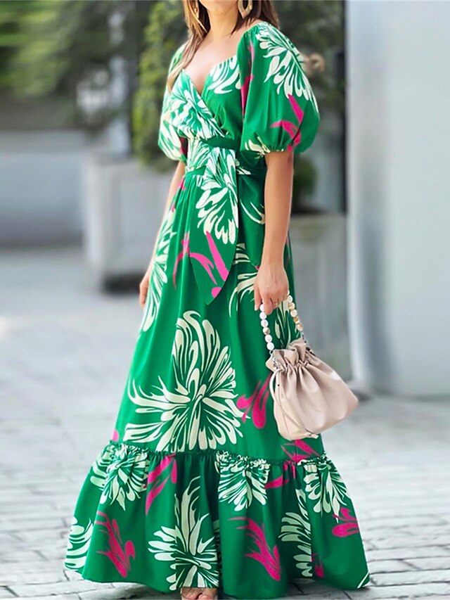  Floral Leaf Print Maxi Swing Dress for Women