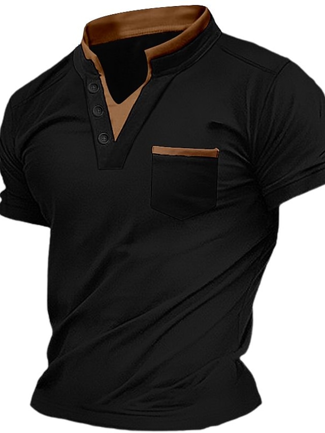  Hombre Henley Shirt Camiseta superior Escote en Pico Plano Calle Vacaciones Bolsillo delantero Mangas cortas Ropa Moda Design Básico