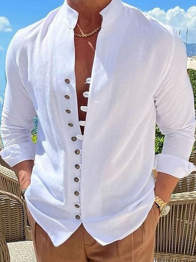  Men's Casual Linen Shirt with Band Collar