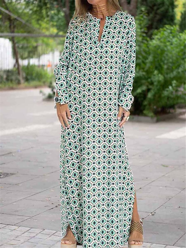  'Women's Geometric Print V Neck Casual Long Dress'