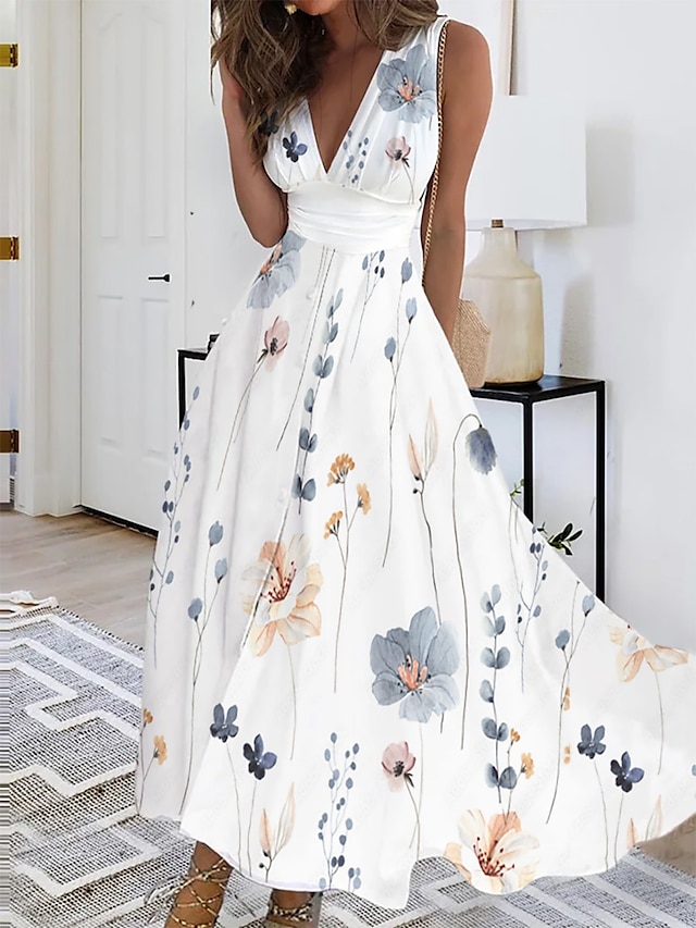  Damen Casual kleid A Linie Kleid Blumen Bedruckt V Ausschnitt Maxikleid Brautkleider schlicht Täglich Verabredung Ärmellos Sommer Frühling