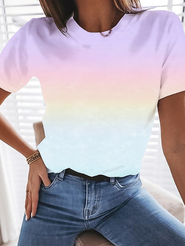  Dame T-shirt Batikfarvet Farvegradient Daglig Printer Gradient lilla Kortærmet Basale Afslappet Rund hals