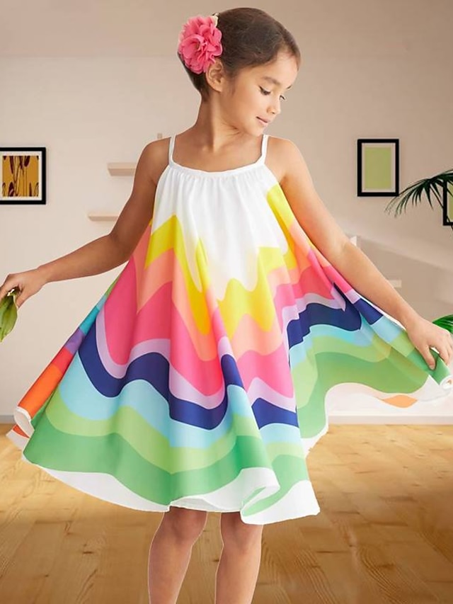  Kids Girls' Floral Patchwork Rainbow Swing Dress