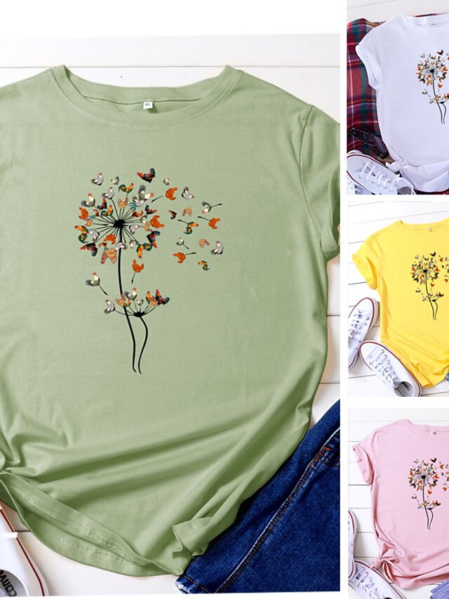  Women's T shirt Tee Graphic Patterned Dandelion Animal Casual Daily Weekend Short Sleeve T shirt Tee Round Neck Print Basic Essential 100% Cotton Green White Pink S