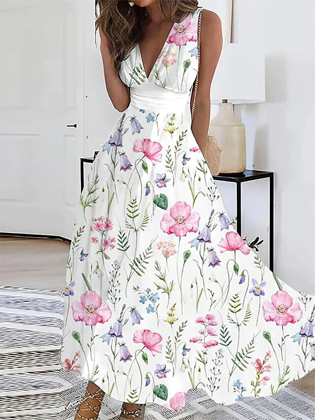 Casual Floral V Neck Maxi Dress for Women