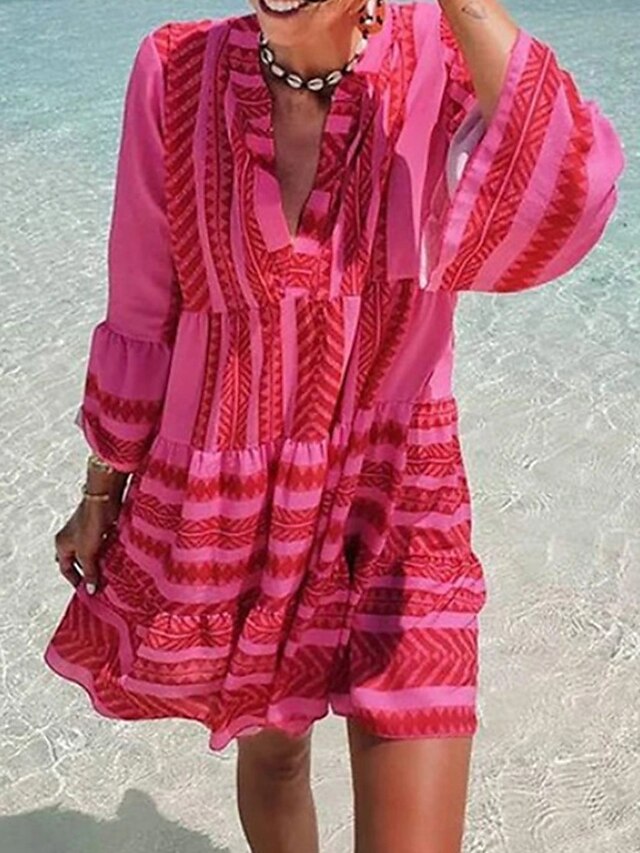  Mujer Estampado cuello partido Mini vestido Tropical Diario Vacaciones Manga Larga Verano Primavera
