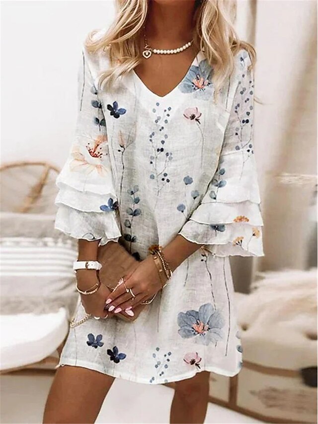 Summer Printed V-Neck Ruffle Sleeve Mini Dress