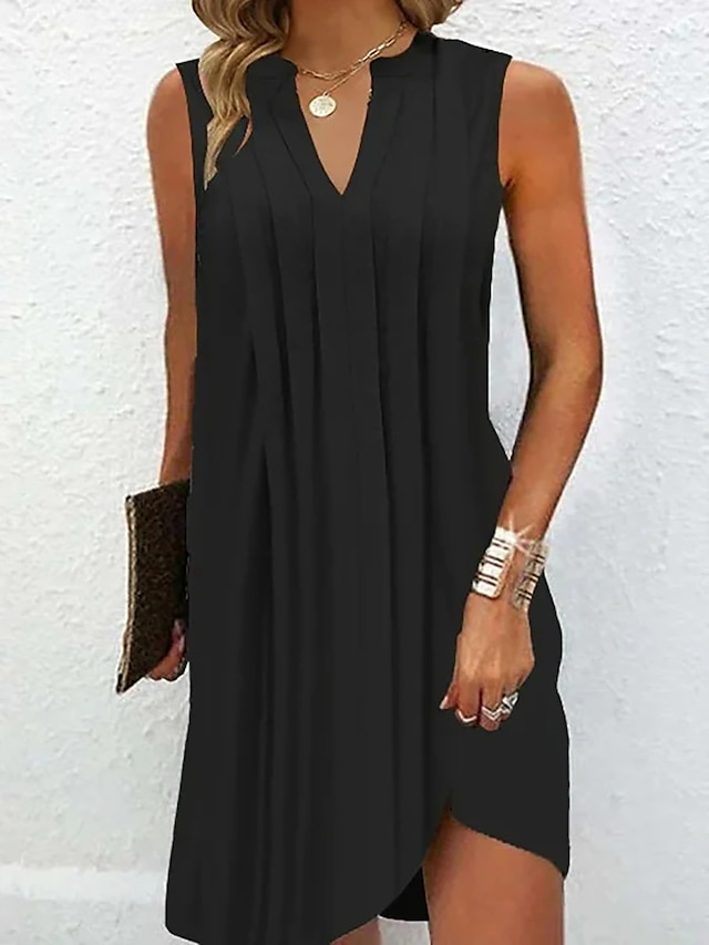  Damen Casual kleid Minikleid Rüschen Täglich Verabredung Basic Modern V Ausschnitt Ärmellos Schwarz Weiß Blau Farbe